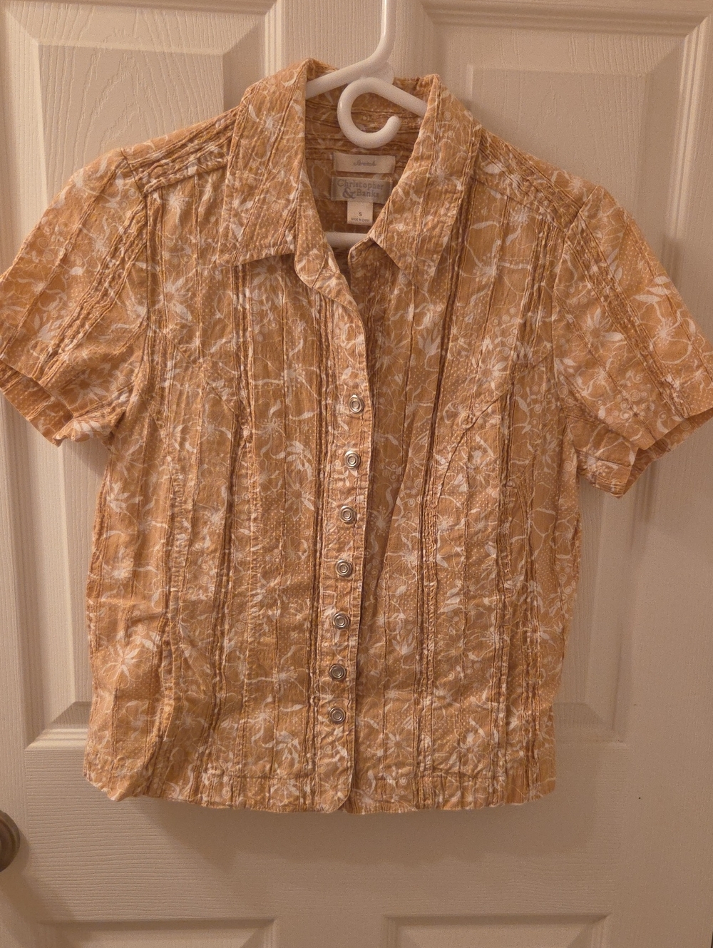 Christopher & Banks Short-Sleeve Snap-Up Shirt in Tan and White Floral.